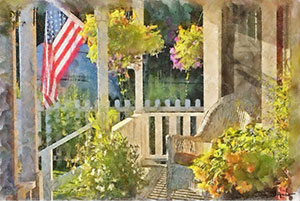 "Memorial Day" by Dan D'Amico, an Americana painting depicting an empty chair on the front porch of a house, with an American flag and flower baskets.
