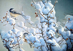"Chickadees in Currant" by Dan D'Amico, a wildlife painting