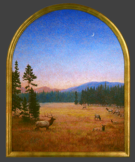 "Dusk" by Dan D'Amico, a wildlife painting of an elk herd in Rocky Mountain National Park at dusk.  Beautiful layered colors, archtop gold frame